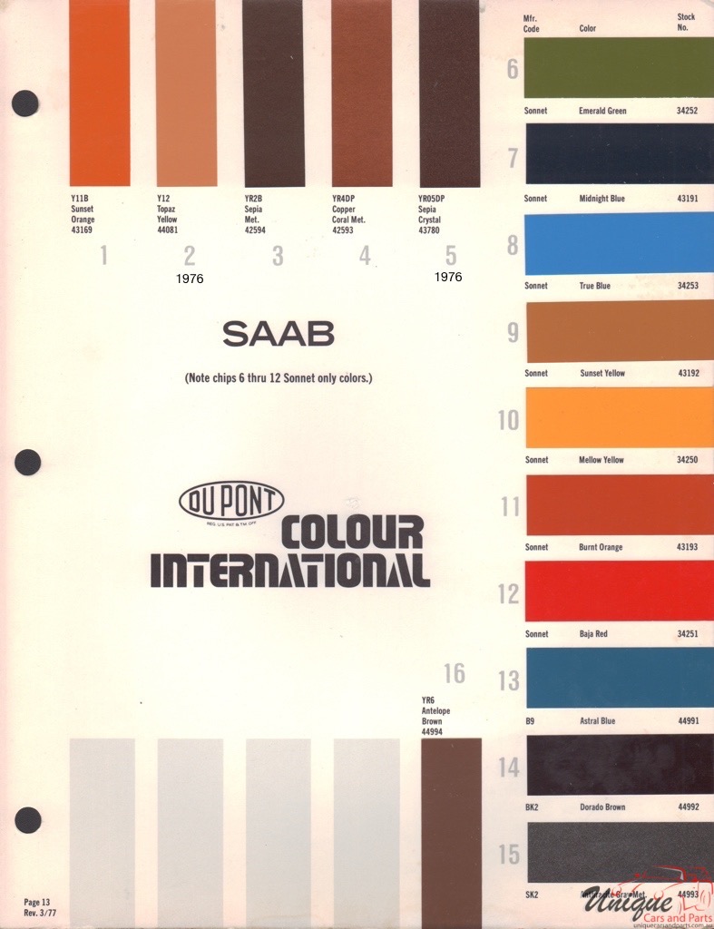 1976 SAAB International Paint Charts DuPont 2